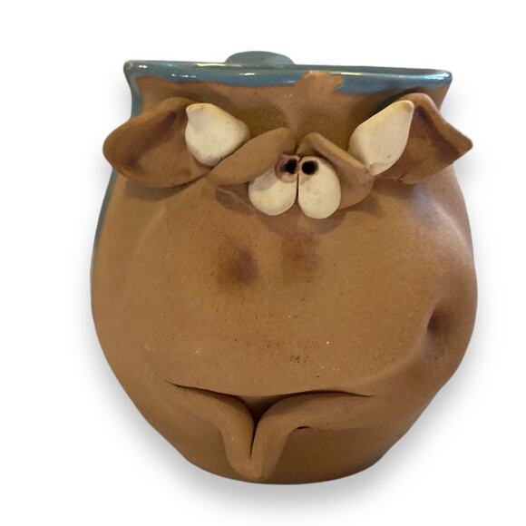 Unique Vintage Hand Thrown Sky Blue Tan Goofy Cow Oversize Coffee Mug Farmhouse - Picture 1 of 16